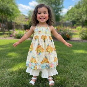 Blue Juniper Boutique Girls Vibrant Floral Top & White Ruffle Pants Set Flowers